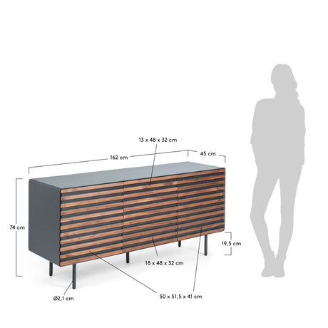 Kesia Sideboard 2 Türen Nussholzfurnier und Stahl in Schwarz 162 x 74 cm - ZEN ZONE Furniture