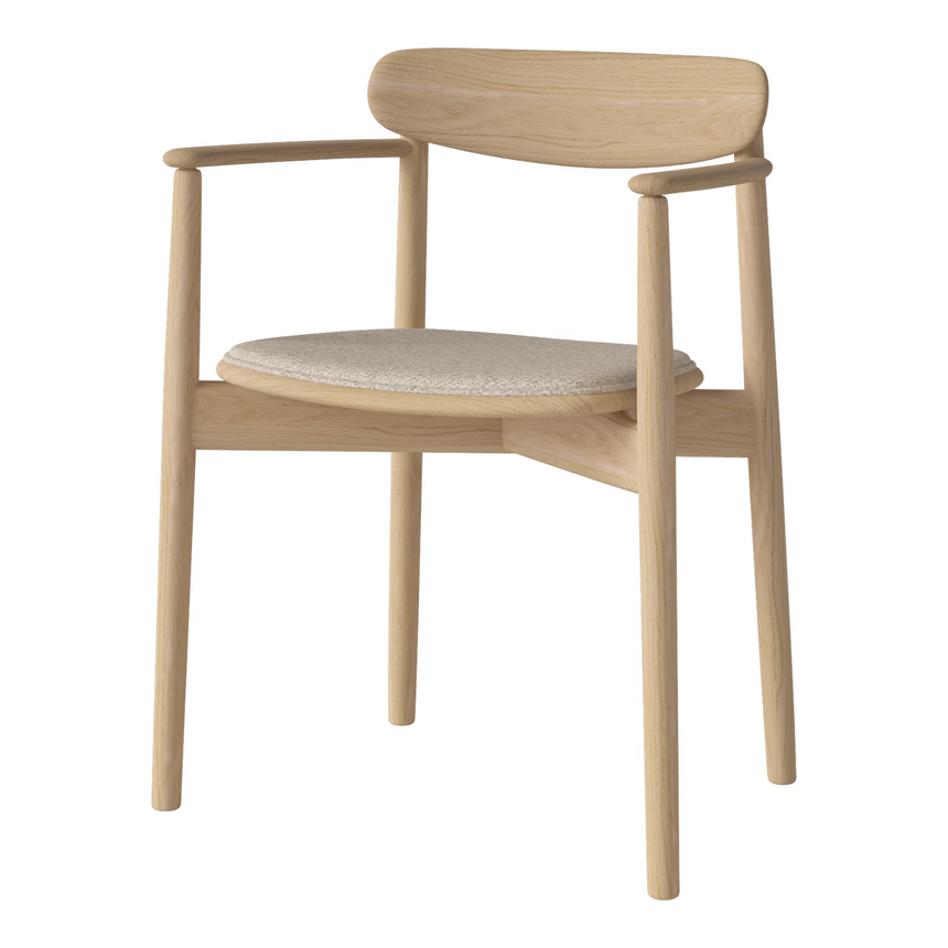 Merge Gepolsterter Esstischstuhl mit Armlehne aus Eiche weiß pigmentiert geölt, Monza - Bouclé und Textur, Beige - ZEN ZONE Furniture