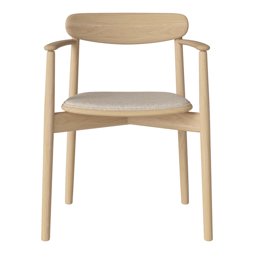 Merge Gepolsterter Esstischstuhl mit Armlehne aus Eiche weiß pigmentiert geölt, Monza - Bouclé und Textur, Beige - ZEN ZONE Furniture