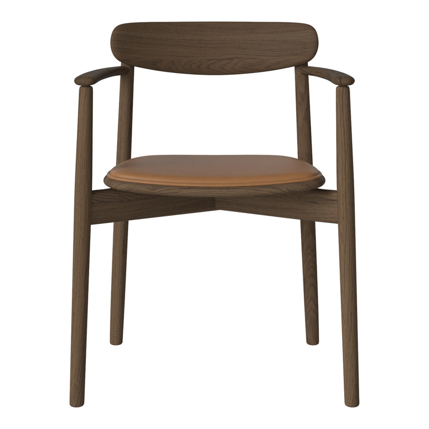 Merge Gepolsterter Esstischstuhl mit Armlehne aus Dunkel geölter Eiche, Sydney by Spoor - Leder, Cognac - ZEN ZONE Furniture
