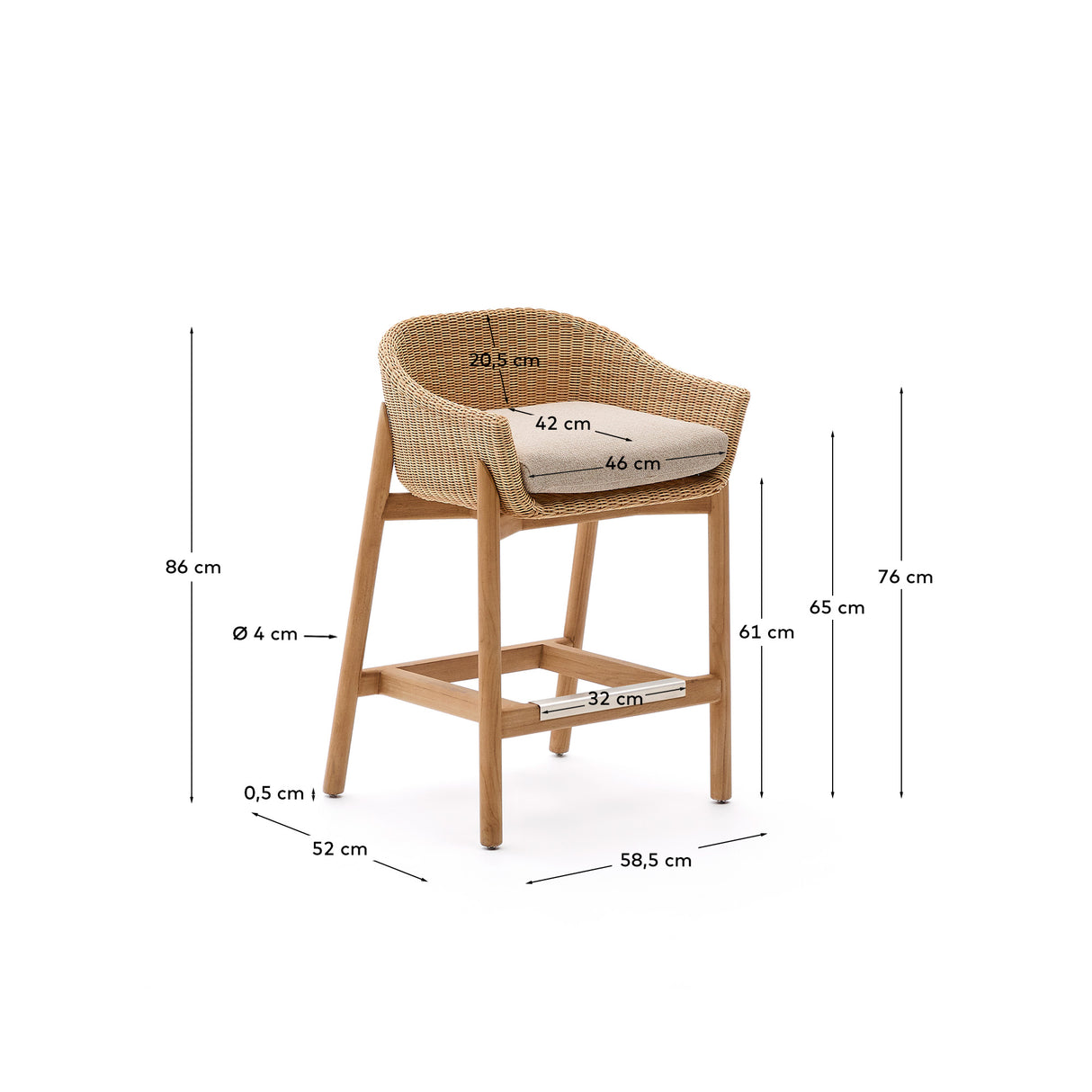 Hocker Galea aus massivem Teakholz und synthetischem Rattan 65 cm FSC 100%