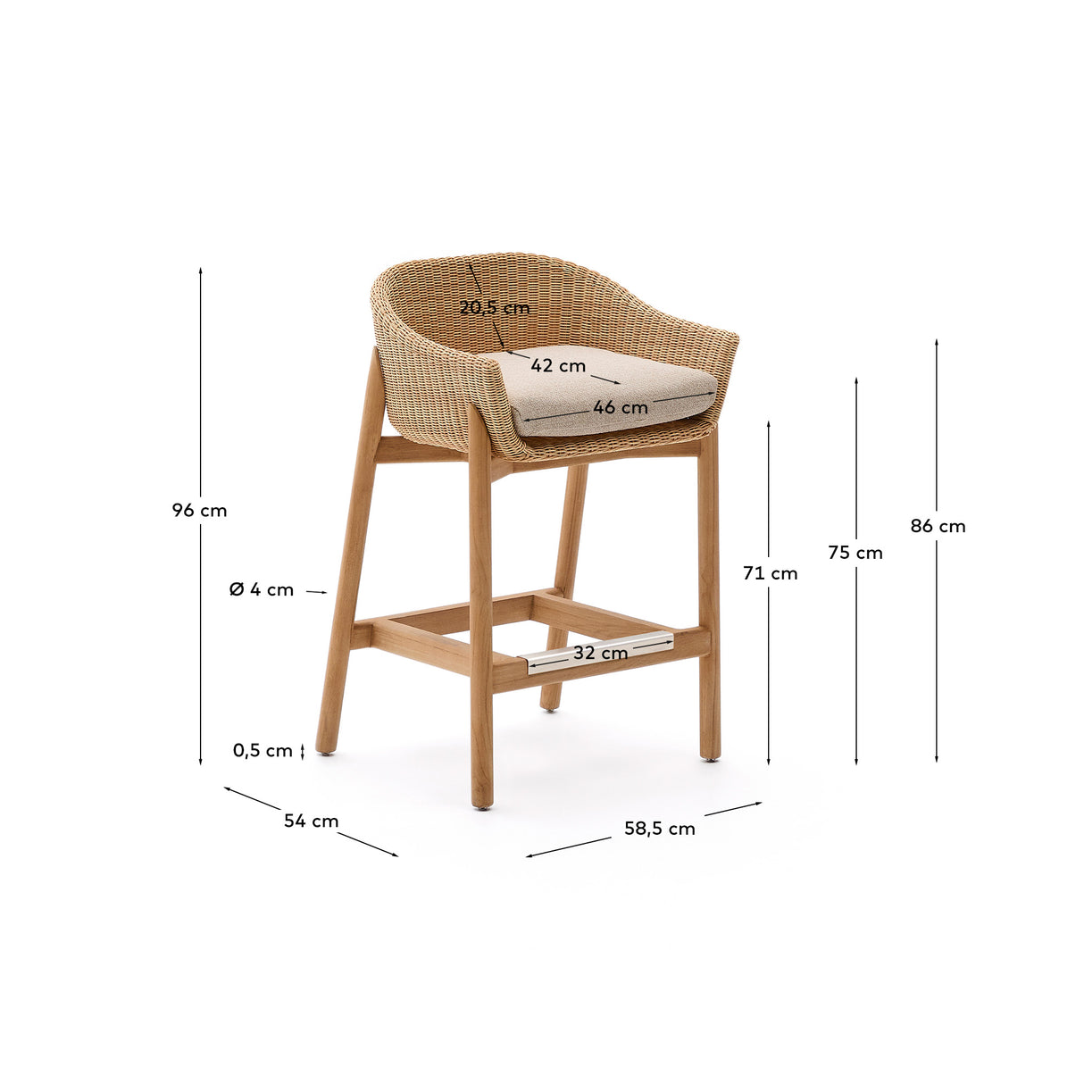 Hocker Galea aus massivem Teakholz und synthetischem Rattan 75 cm FSC 100%