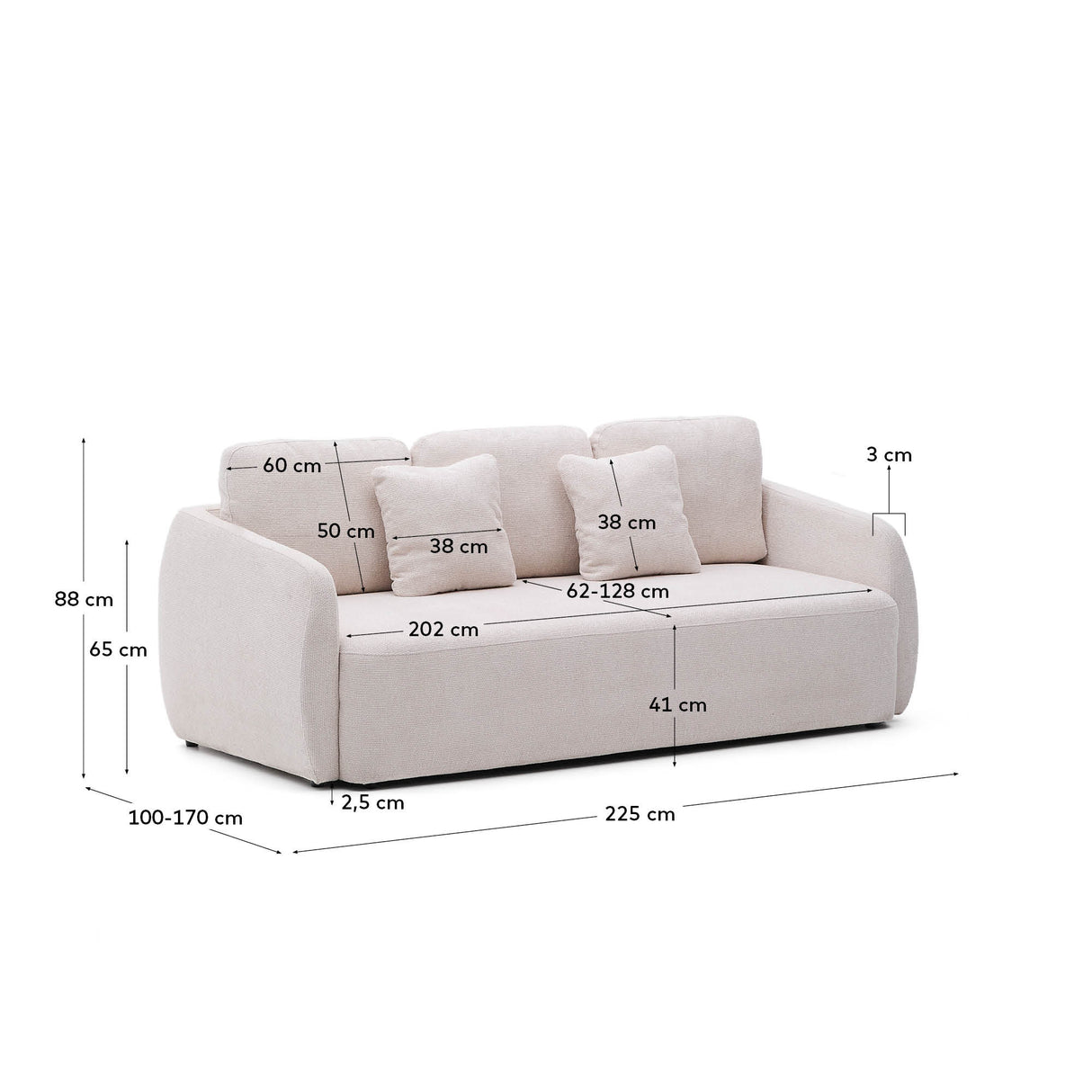 Schlafsofa Laira 3-Sitzer in Chenille ecru 225 cm FSC Mix Credit - ZEN ZONE Furniture