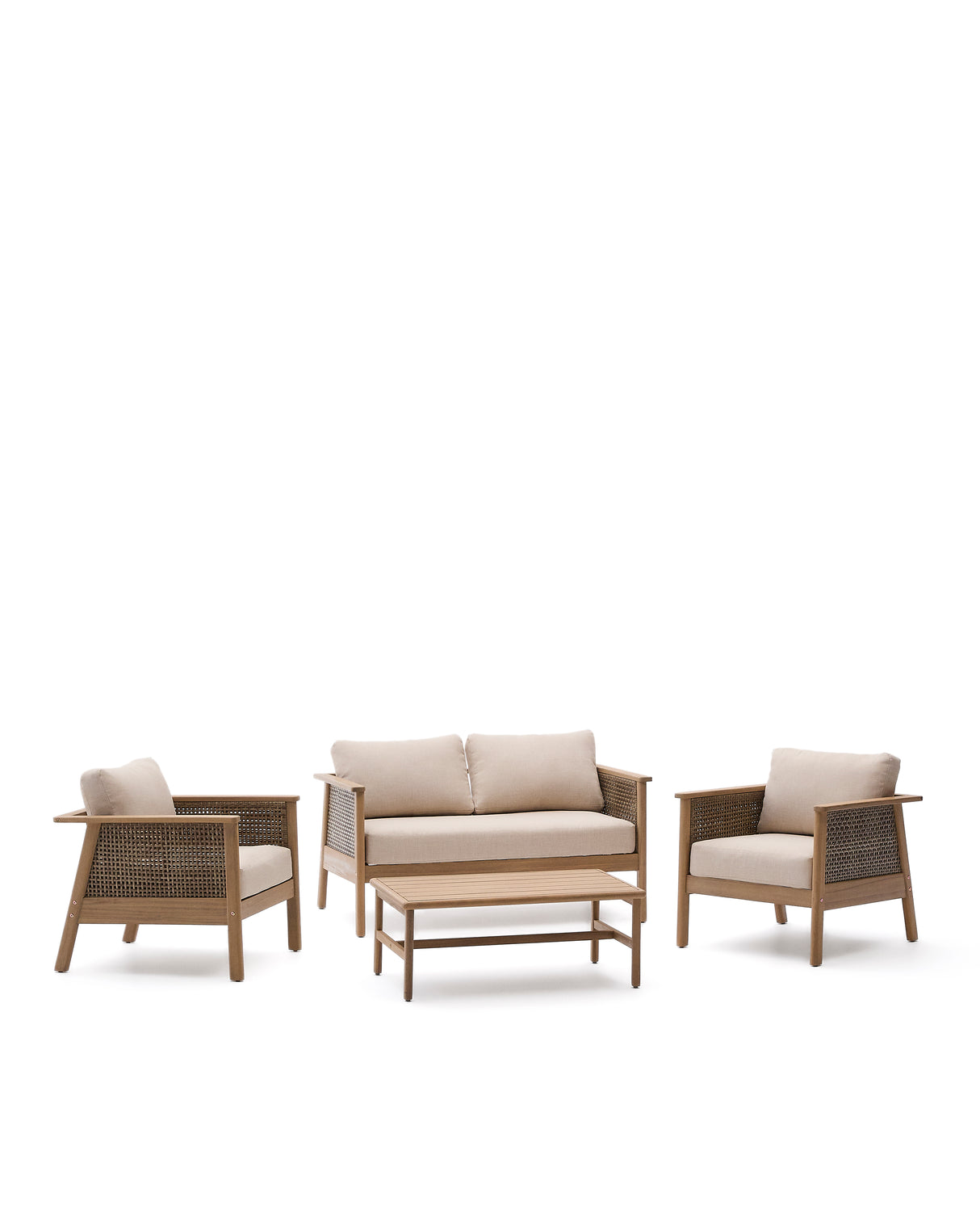 Set Alabe bestehend aus 2-Sitzer-Sofa, 2 Sesseln und Couchtisch aus Akazienholz 100% FSC