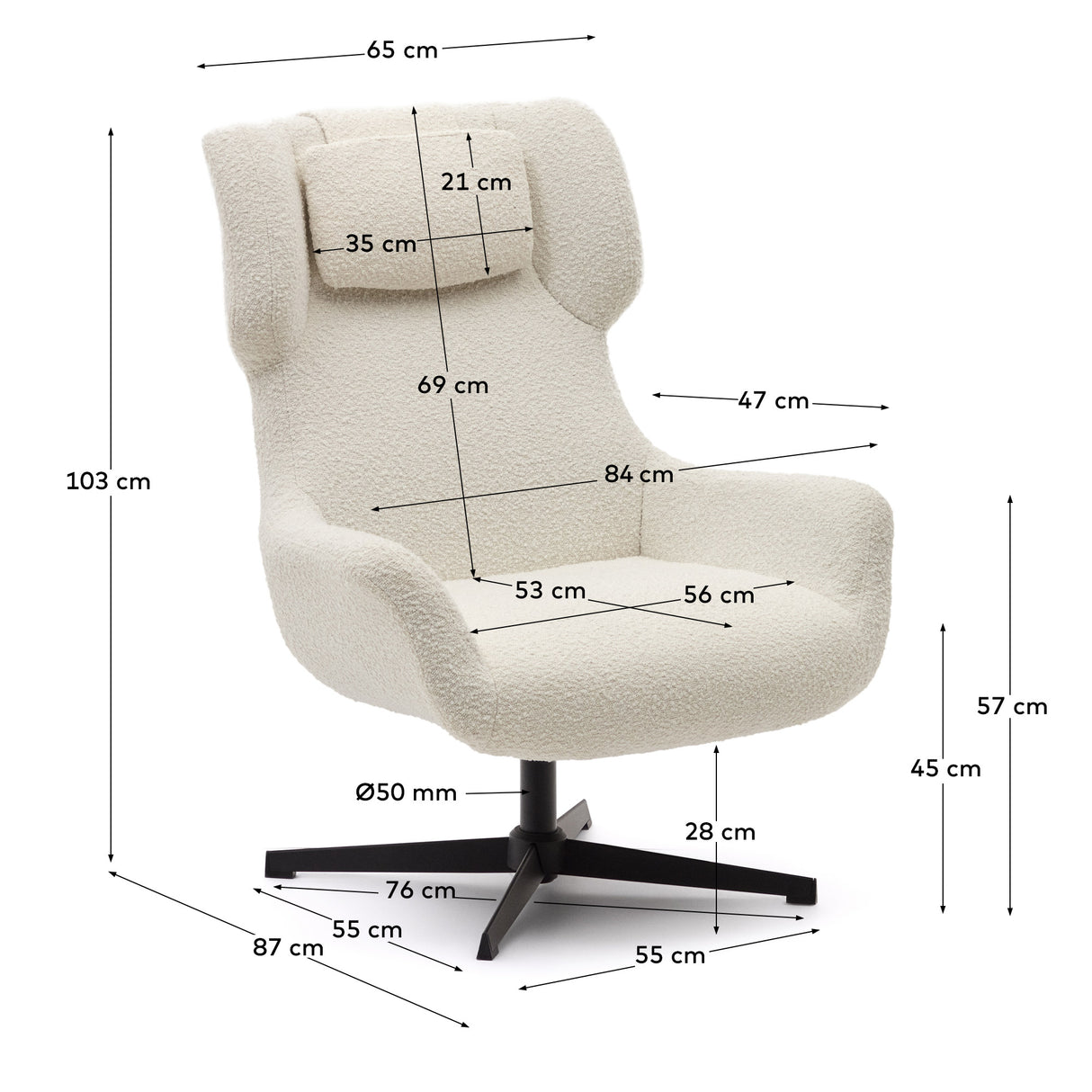 Zalina Drehsessel aus weißem Bouclé und Stahl mit schwarzem Finish FSC 100% - ZEN ZONE Furniture