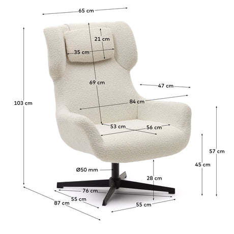 Zalina Drehsessel aus weißem Bouclé und Stahl mit schwarzem Finish FSC 100% - ZEN ZONE Furniture