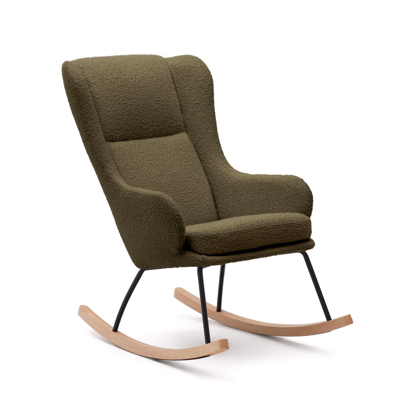 Maustin Schaukelstuhl mit dunkelgrünem Bouclé und Gestell aus Stahl und Buchenholz - ZEN ZONE Furniture