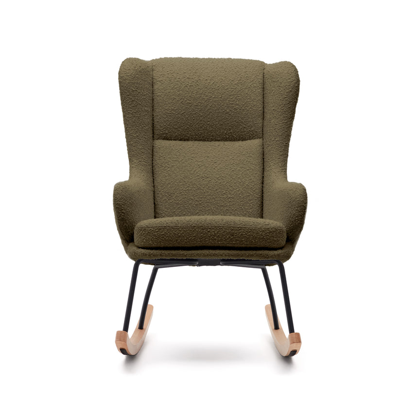 Maustin Schaukelstuhl mit dunkelgrünem Bouclé und Gestell aus Stahl und Buchenholz - ZEN ZONE Furniture