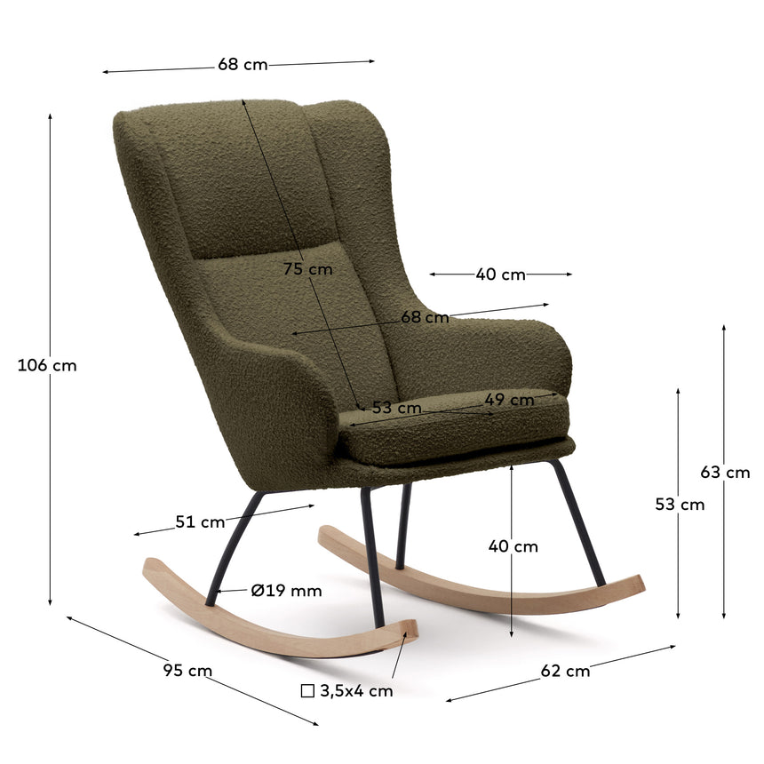Maustin Schaukelstuhl mit dunkelgrünem Bouclé und Gestell aus Stahl und Buchenholz - ZEN ZONE Furniture