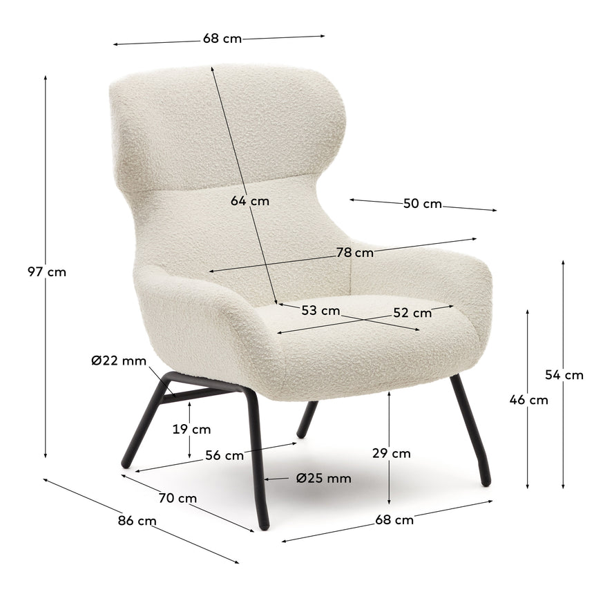Belina Sessel aus weißem Bouclé und Stahl mit schwarzem Finish FSC 100% - ZEN ZONE Furniture