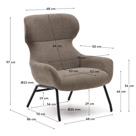 Belina  Sessel mit Chenille in Hellbraun und Stahl mit schwarzem Finish FSC 100% - ZEN ZONE Furniture