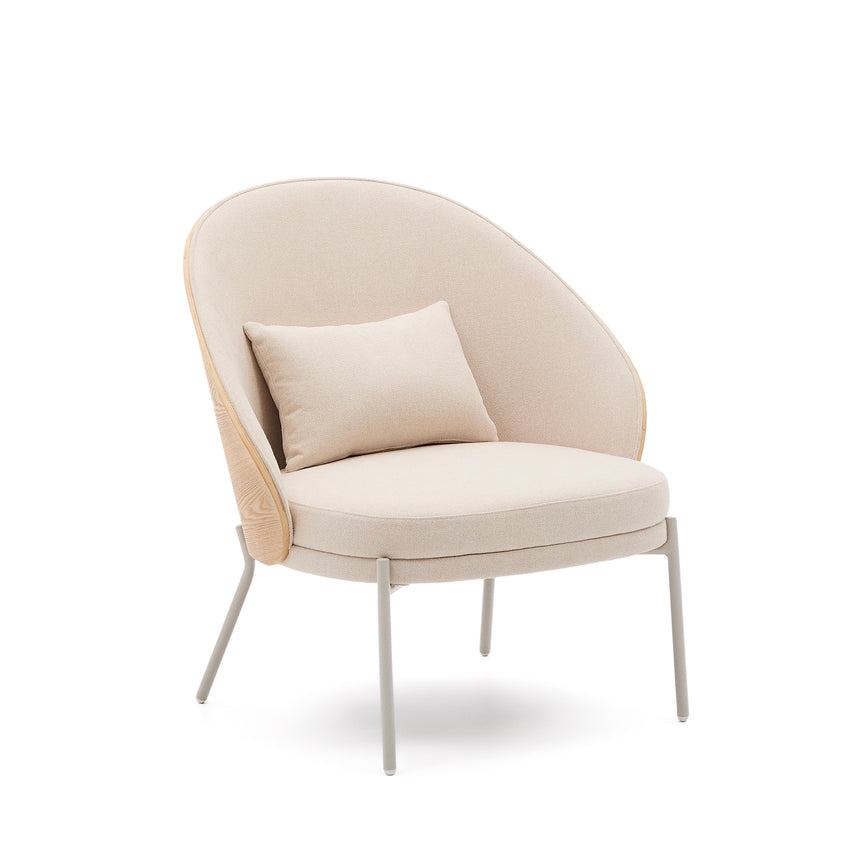 Sessel Eamy aus beigefarbenem Chenille, Eschenfurnier mit natürlichem Finish und beigefarbenem Metall - ZEN ZONE Furniture