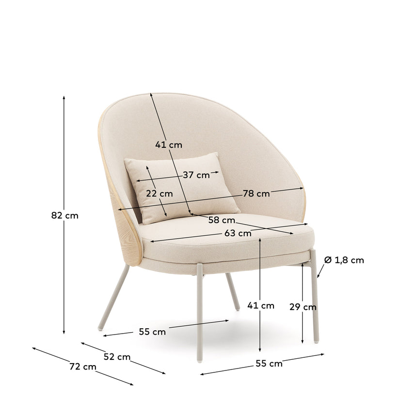 Sessel Eamy aus beigefarbenem Chenille, Eschenfurnier mit natürlichem Finish und beigefarbenem Metall - ZEN ZONE Furniture
