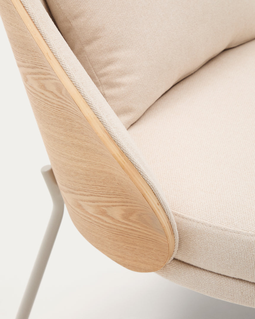 Sessel Eamy aus beigefarbenem Chenille, Eschenfurnier mit natürlichem Finish und beigefarbenem Metall - ZEN ZONE Furniture