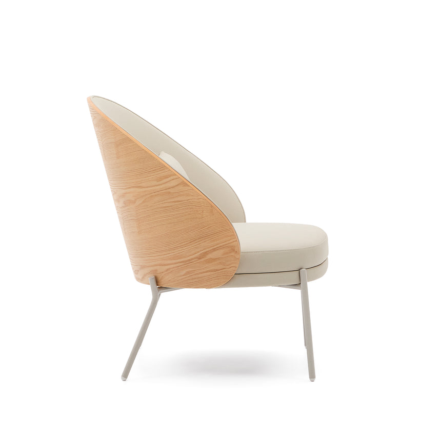 Eamy Sessel aus beigefarbenem Kunstleder, Eschenfurnier in Nussbaum-Finish mit Metall in B - ZEN ZONE Furniture
