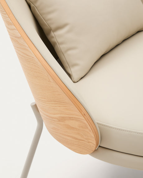 Eamy Sessel aus beigefarbenem Kunstleder, Eschenfurnier in Nussbaum-Finish mit Metall in B - ZEN ZONE Furniture