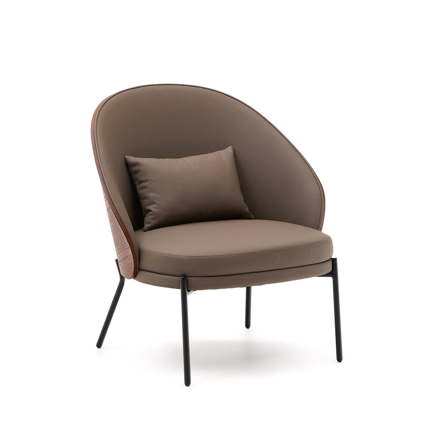 Eamy Sessel aus braunem Kunstleder, Eschenfurnier in Nussbaum-Finish mit Metall in Schwarz - ZEN ZONE Furniture