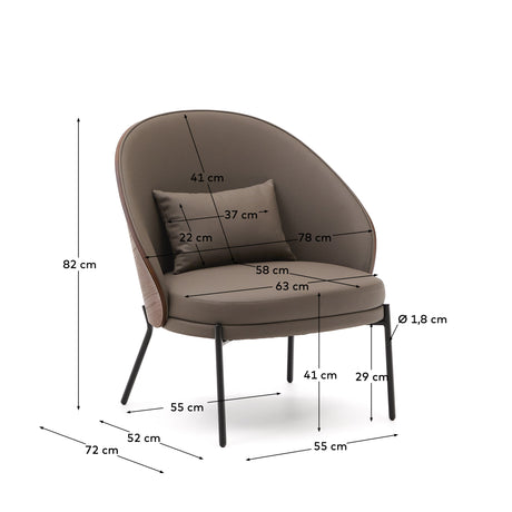 Eamy Sessel aus braunem Kunstleder, Eschenfurnier in Nussbaum-Finish mit Metall in Schwarz - ZEN ZONE Furniture