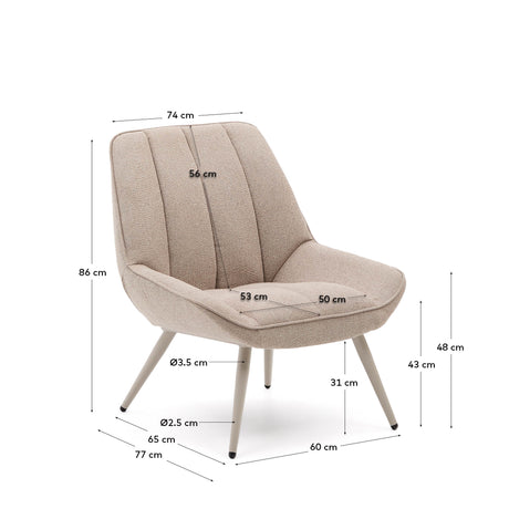 Sessel Marlina aus beigefarbenem Chenille-Stoff und mattgrau lackierten Stahlbeinen. - ZEN ZONE Furniture