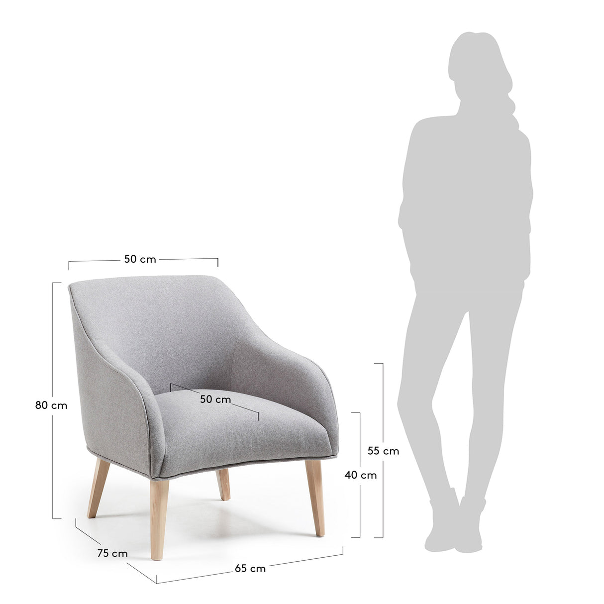Sessel Bobly grau und Holzbeine mit natürlichem Finish - ZEN ZONE Furniture