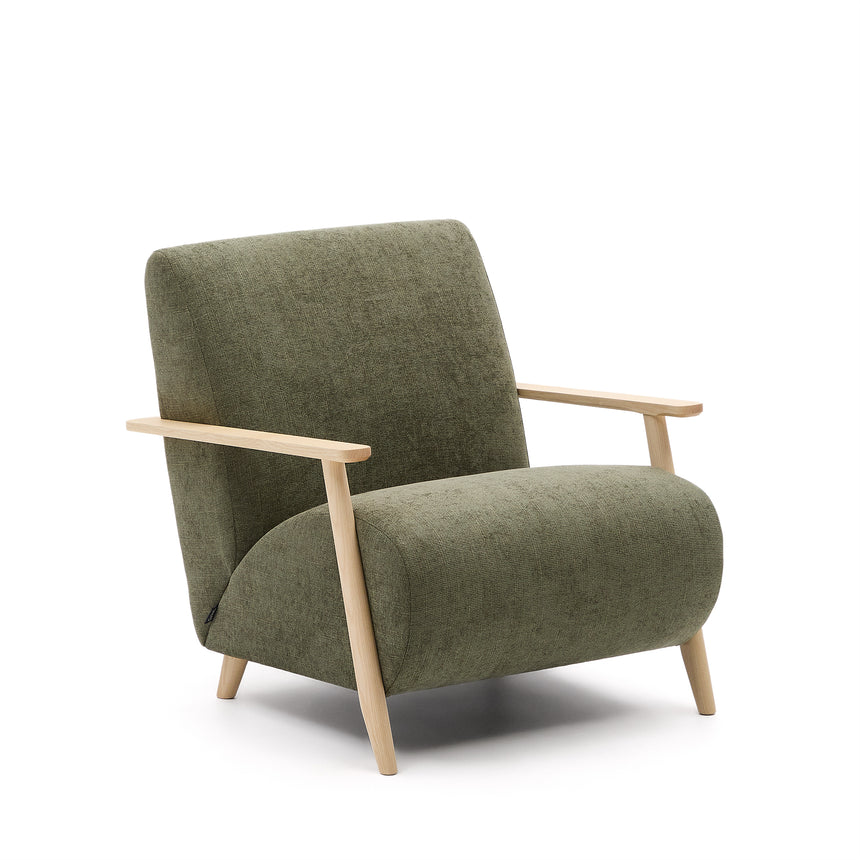 Sessel Meghan aus grünem Chenille und massivem Eschenholz mit natürlichem Finish - ZEN ZONE Furniture