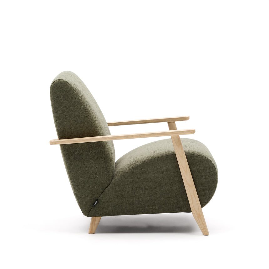 Sessel Meghan aus grünem Chenille und massivem Eschenholz mit natürlichem Finish - ZEN ZONE Furniture