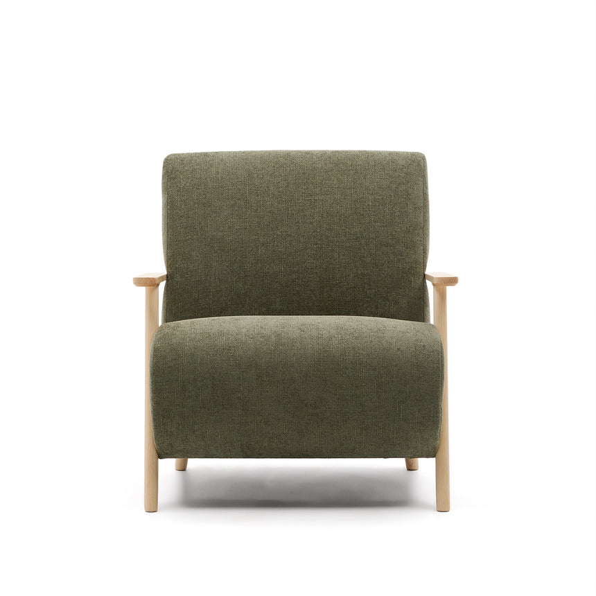 Sessel Meghan aus grünem Chenille und massivem Eschenholz mit natürlichem Finish - ZEN ZONE Furniture