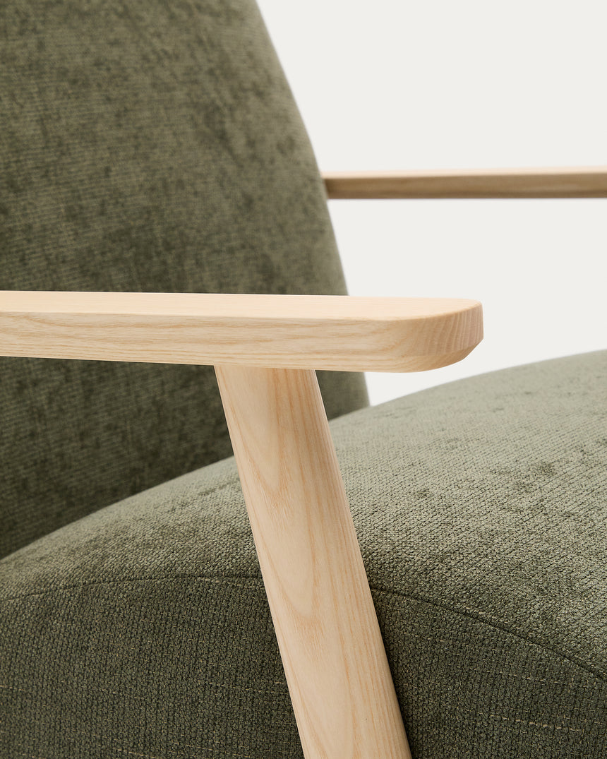 Sessel Meghan aus grünem Chenille und massivem Eschenholz mit natürlichem Finish - ZEN ZONE Furniture