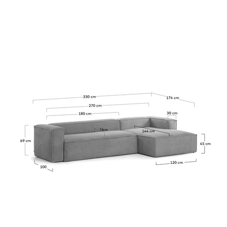 Blok 4-Sitzer-Sofa mit Chaiselongue rechts breiter Cord grau 330 cm - ZEN ZONE Furniture