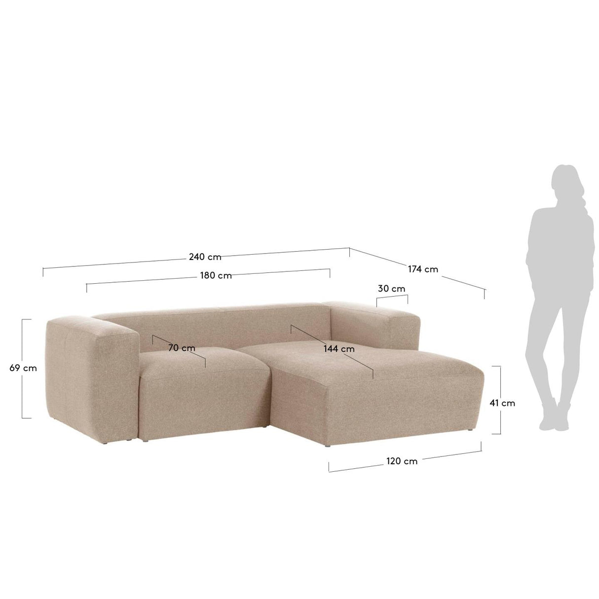 Blok 2-Sitzer Sofa mit Chaiselongue rechts beige 240 cm - ZEN ZONE