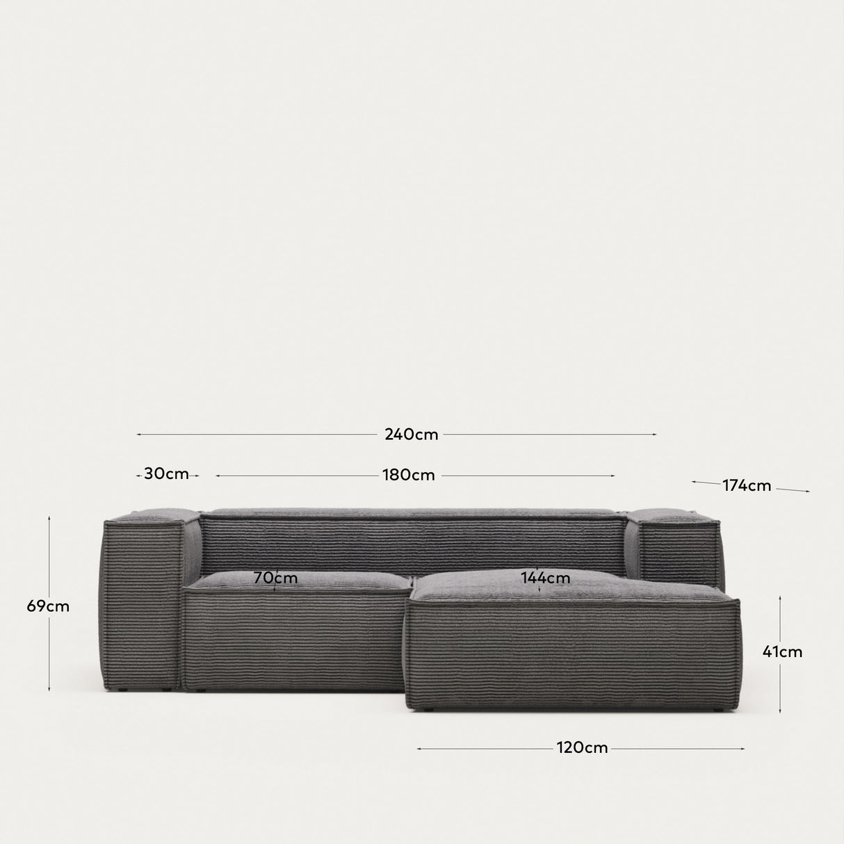 Blok 2-Sitzer-Sofa mit Chaiselongue rechts breiter Cord grau 240 cm - ZEN ZONE