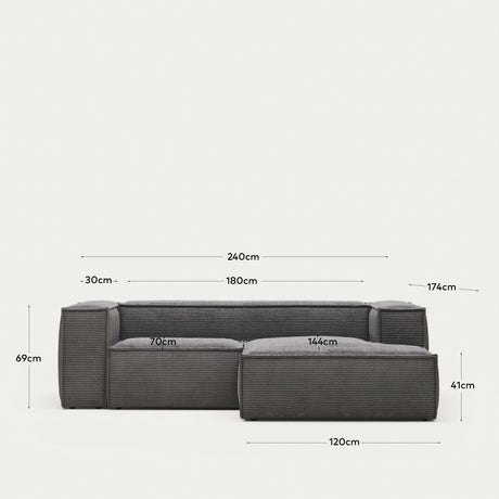 Blok 2-Sitzer-Sofa mit Chaiselongue rechts breiter Cord grau 240 cm - ZEN ZONE