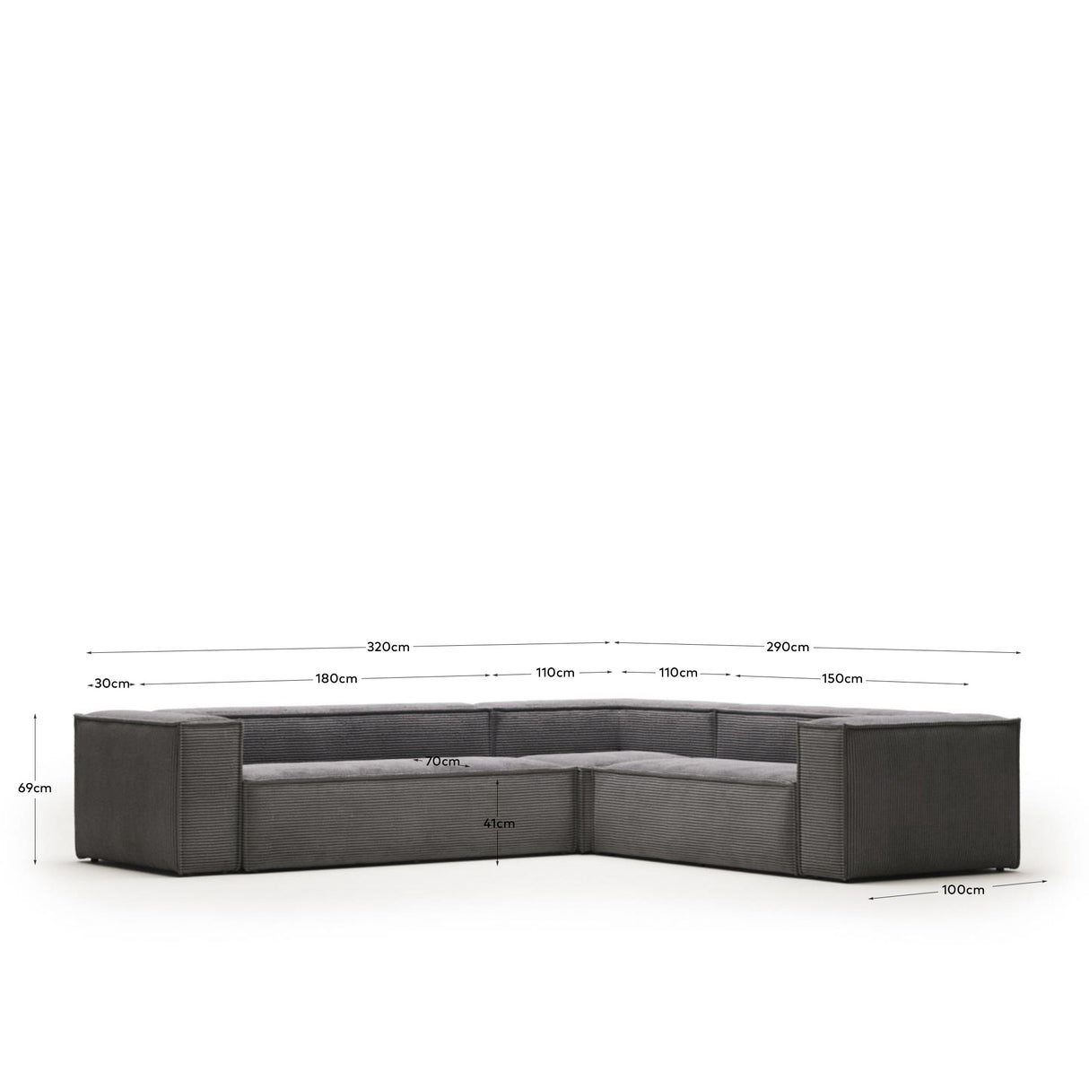Blok 5-Sitzer-Ecksofa breiter Cord in Grau 320 x 290 / 290 x 320 cm - ZEN ZONE