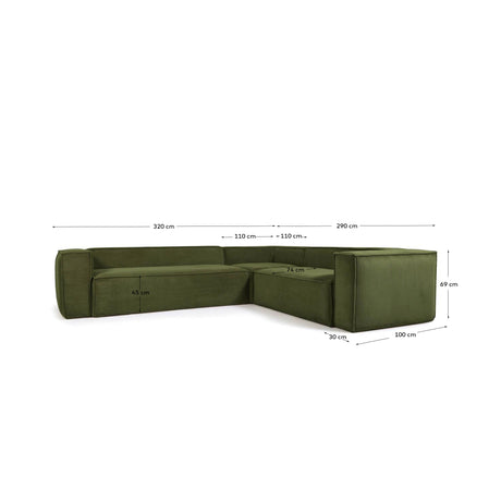 Blok 5-Sitzer-Ecksofa breiter Cord in Grün 320 x 290 / 290 x 320 cm - ZEN ZONE Furniture