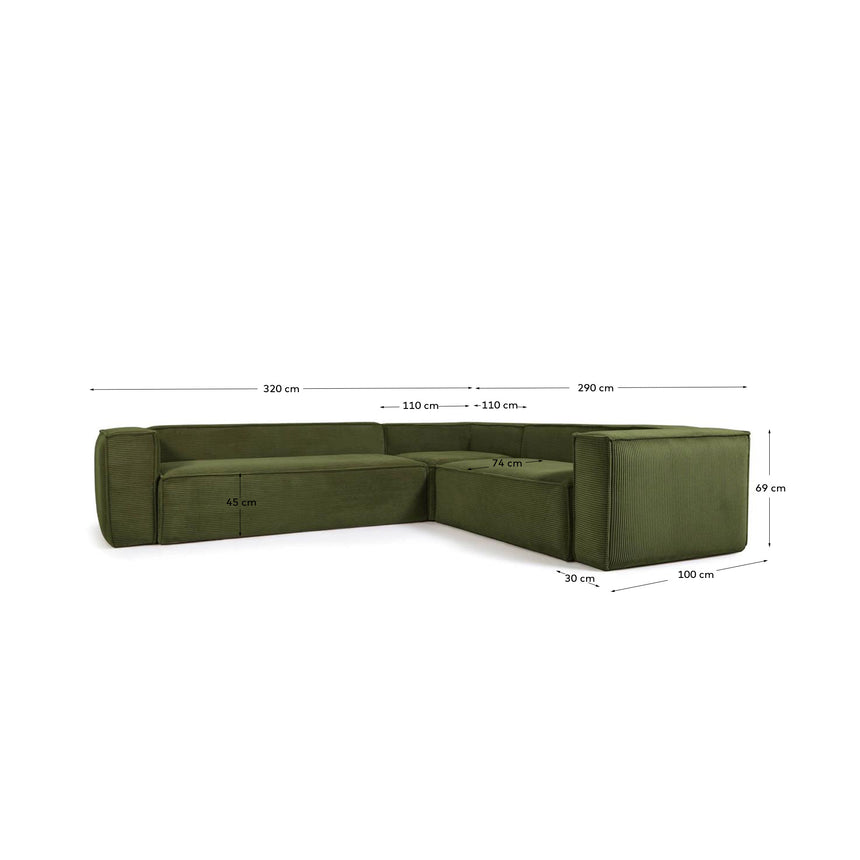 Blok 5-Sitzer-Ecksofa breiter Cord in Grün 320 x 290 / 290 x 320 cm - ZEN ZONE Furniture