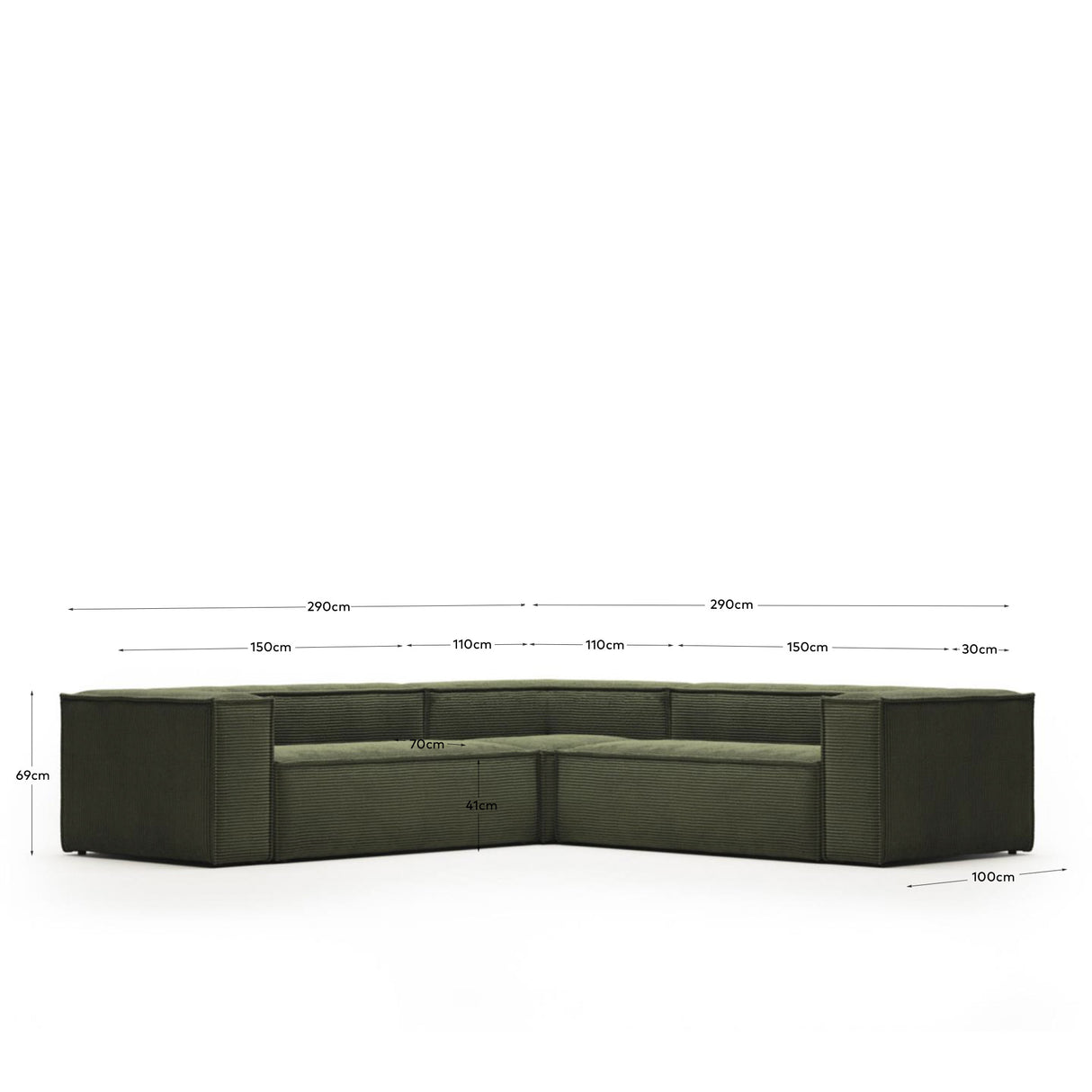 Blok 4-Sitzer Ecksofa dicker Cord grün 290 x 290 cm - ZEN ZONE