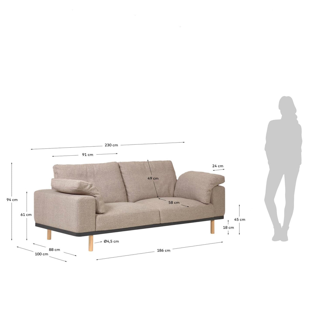 Noa 3-Sitzersofa mit Kissen beige und Beinen Natur 230 cm - ZEN ZONE