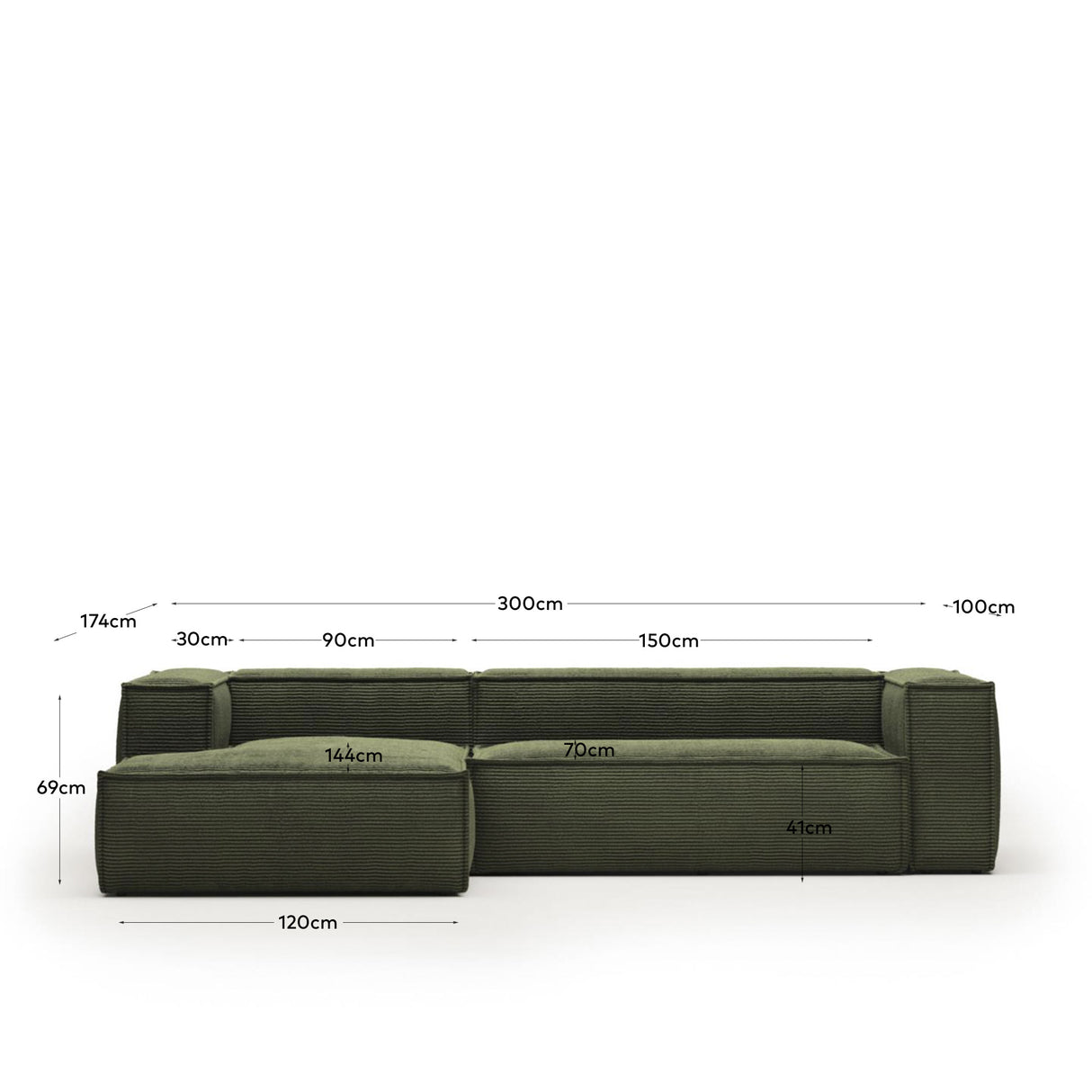Blok 3-Sitzer-Sofa mit Chaiselongue links breiter Cord grün 300 cm - ZEN ZONE