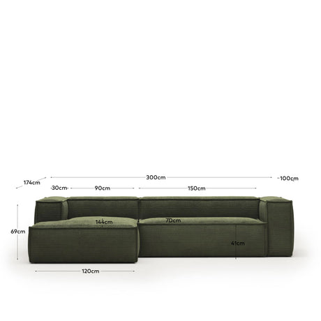 Blok 3-Sitzer-Sofa mit Chaiselongue links breiter Cord grün 300 cm - ZEN ZONE