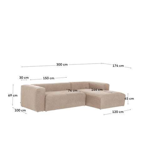 Blok 3-Sitzer Sofa mit Chaiselongue rechts in beige 300 cm - ZEN ZONE Furniture