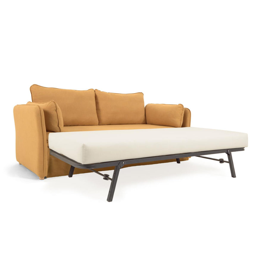 Tanit Schlafsofa senffarben und Beine aus massivem Buchenholz natürliches Finish 210 cm - ZEN ZONE Furniture
