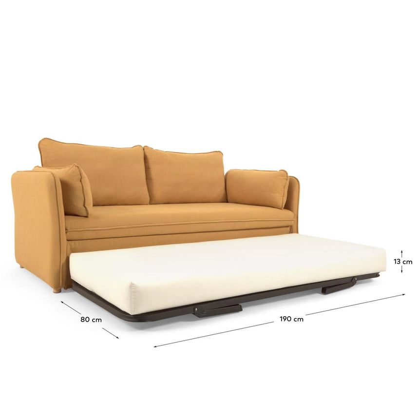 Tanit Schlafsofa senffarben und Beine aus massivem Buchenholz natürliches Finish 210 cm - ZEN ZONE Furniture