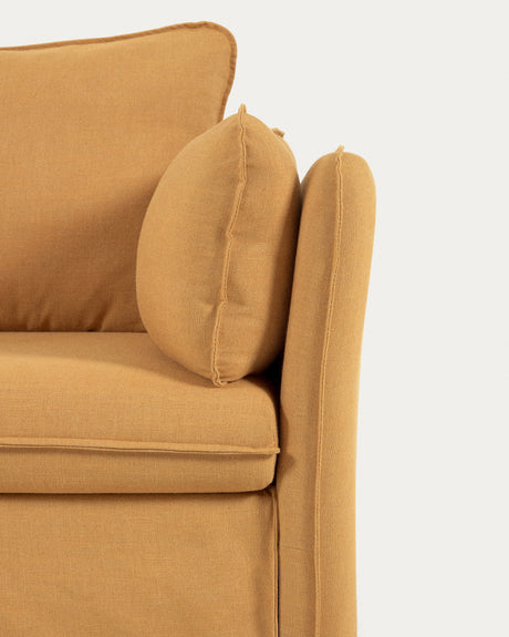 Tanit Schlafsofa senffarben und Beine aus massivem Buchenholz natürliches Finish 210 cm - ZEN ZONE Furniture