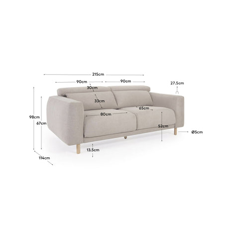 Singa 3-Sitzer Sofa mit verstellbarer Kopfstütze und ausziehbarem Sitz beige 215 cm FSC Mix Credit - ZEN ZONE Furniture