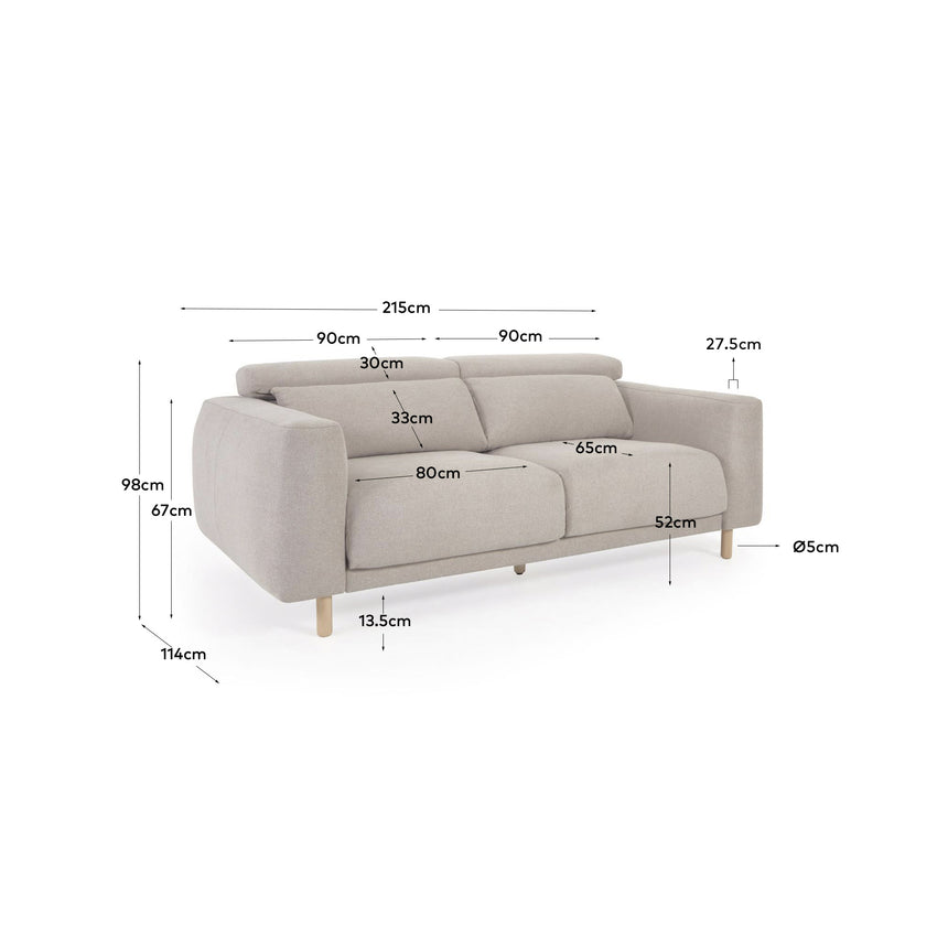 Singa 3-Sitzer Sofa mit verstellbarer Kopfstütze und ausziehbarem Sitz beige 215 cm FSC Mix Credit - ZEN ZONE Furniture