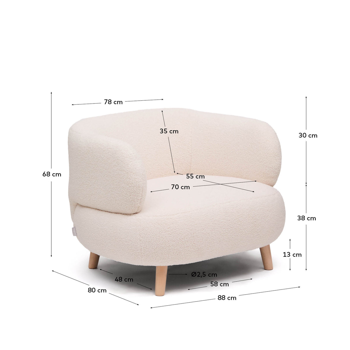 Luisa Sessel mit Bouclé-Bezug in Écru  Beine aus massiver Buche 90 cm - ZEN ZONE Furniture