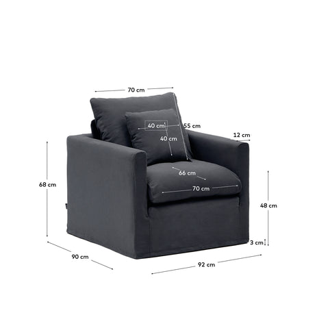 Nora Sessel mit abziehbarem Kissenbezug aus Leinen und Baumwolle anthrazitgrau 92 cm - ZEN ZONE Furniture