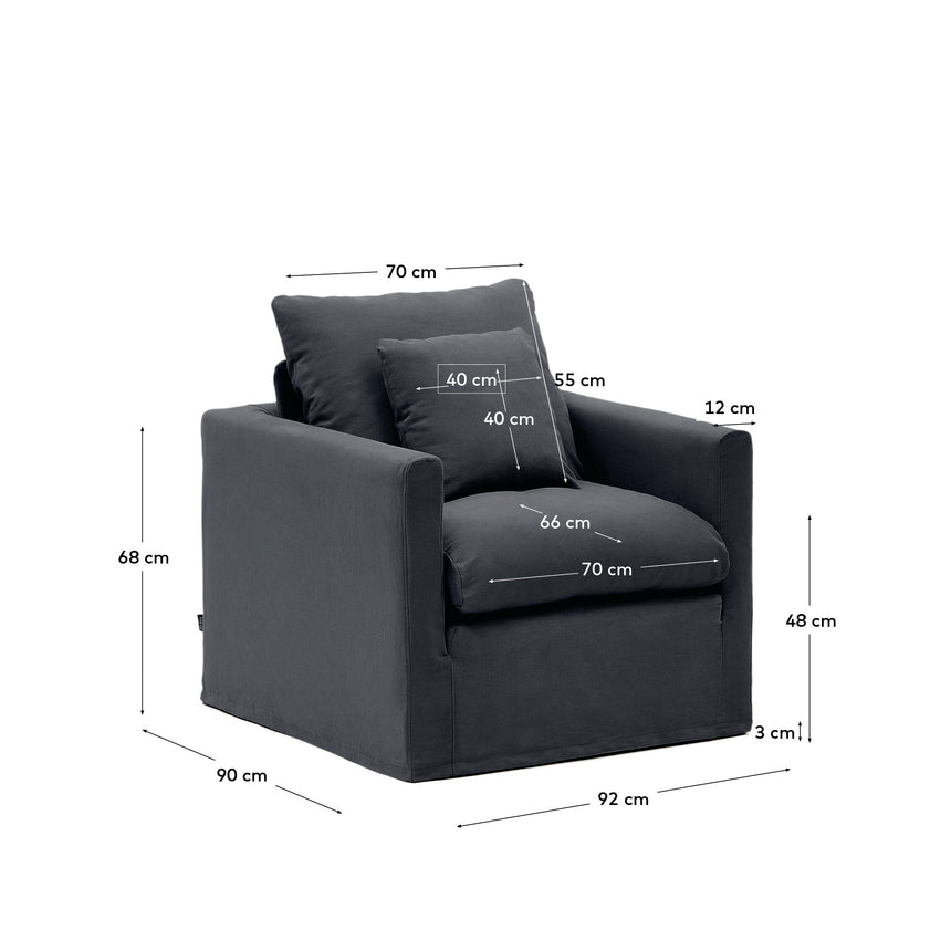 Nora Sessel mit abziehbarem Kissenbezug aus Leinen und Baumwolle anthrazitgrau 92 cm - ZEN ZONE Furniture