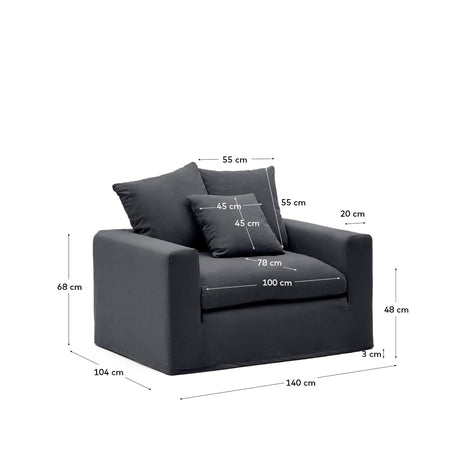 Nora Sessel mit abziehbarem Kissenbezug aus Leinen und Baumwolle anthrazitgrau 140 cm - ZEN ZONE Furniture