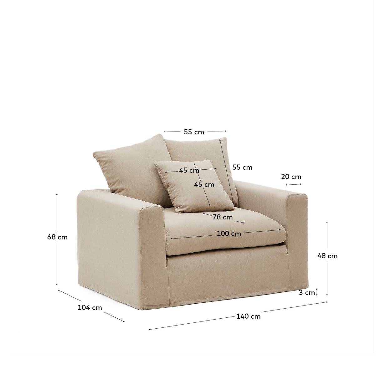 Nora Sessel mit abziehbarem Kissenbezug aus Leinen und Baumwolle taupe 140 cm - ZEN ZONE Furniture